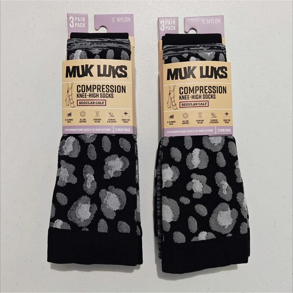 NEW Muk Luks Compression Socks 6 Pairs Knee-High Women 6-10 Black Leopard Nylon